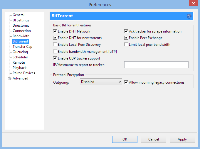 menu ng mga setting ng uTorrent Encryption