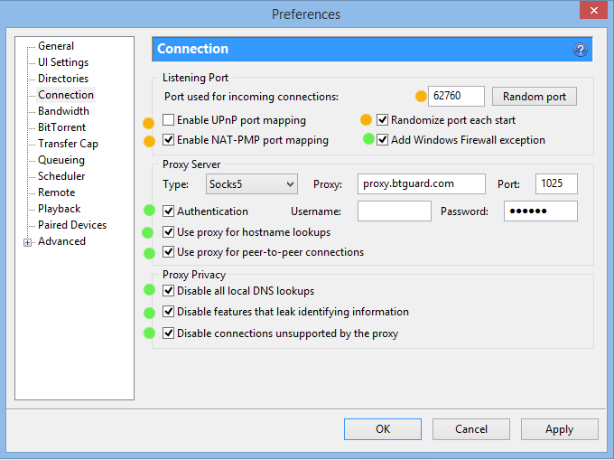 Προτιμήσεις σύνδεσης διακομιστή μεσολάβησης uTorrent