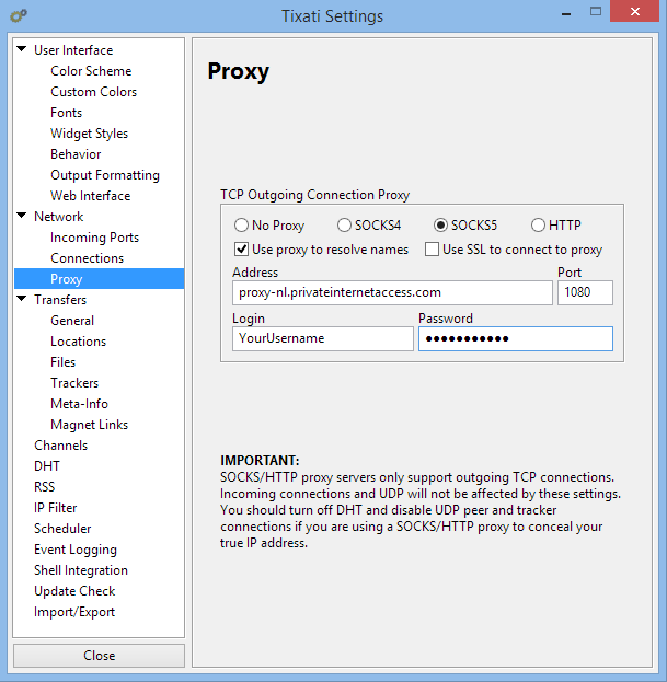 Configuración de proxy de Tixati