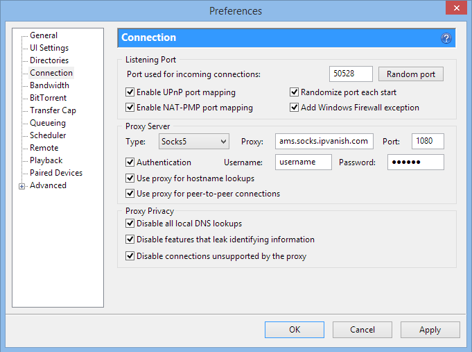 uTorrent setting para sa IPVanish SOCKS proxy