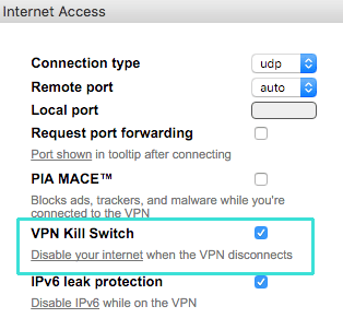 خيار تبديل الوصول إلى الإنترنت الخاص (برنامج Mac)