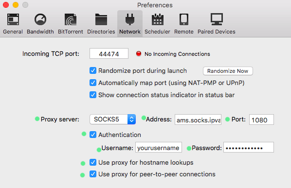 IPVanish Socks5 მარიონეტული პარამეტრები (uTorrent Mac)