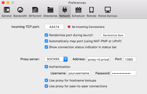 Nastavitve proxy PIA Socks5 (uTorrent Mac)