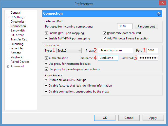Configurações de proxy do uTorrent (NordVPN Socks5)