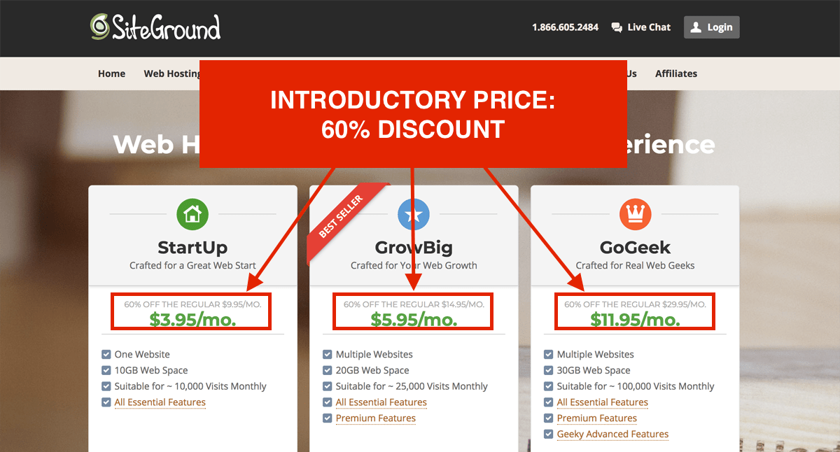 Innledende pris på SiteGround: 60% rabatt