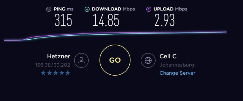 Hastighetstestresultat på Johannesburg-servern