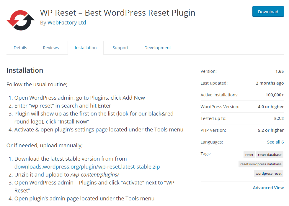 Pobierz WP Reset z WordPress.org