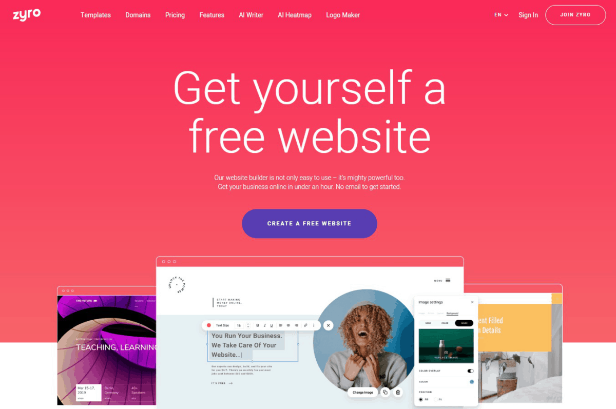 O zyro permite que você crie sites gratuitamente